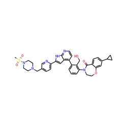 CS(=O)(=O)N1CCN(Cc2ccc(-c3cc4c(-c5cccc(N6CCOc7cc(C8CC8)ccc7C6=O)c5CO)ccnc4[nH]3)nc2)CC1 ZINC001772623263