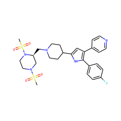 CS(=O)(=O)N1CCN(S(C)(=O)=O)[C@@H](CN2CCC(c3cc(-c4ccncc4)c(-c4ccc(F)cc4)[nH]3)CC2)C1 ZINC000029125912
