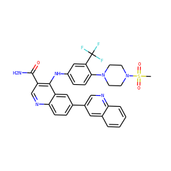 CS(=O)(=O)N1CCN(c2ccc(Nc3c(C(N)=O)cnc4ccc(-c5cnc6ccccc6c5)cc34)cc2C(F)(F)F)CC1 ZINC000653754009