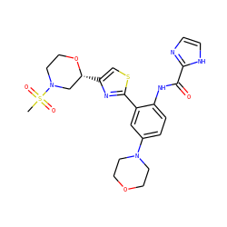 CS(=O)(=O)N1CCO[C@H](c2csc(-c3cc(N4CCOCC4)ccc3NC(=O)c3ncc[nH]3)n2)C1 ZINC000584905233