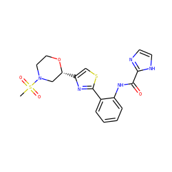 CS(=O)(=O)N1CCO[C@H](c2csc(-c3ccccc3NC(=O)c3ncc[nH]3)n2)C1 ZINC000584905091
