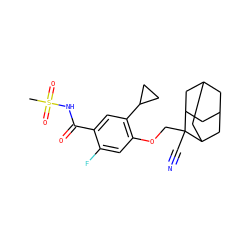 CS(=O)(=O)NC(=O)c1cc(C2CC2)c(OCC2(C#N)C3CC4CC(C3)CC2C4)cc1F ZINC000216255439