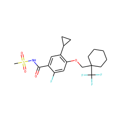 CS(=O)(=O)NC(=O)c1cc(C2CC2)c(OCC2(C(F)(F)F)CCCCC2)cc1F ZINC000216239409