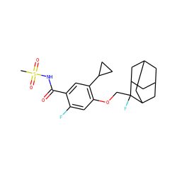 CS(=O)(=O)NC(=O)c1cc(C2CC2)c(OCC2(F)C3CC4CC(C3)CC2C4)cc1F ZINC000216244559