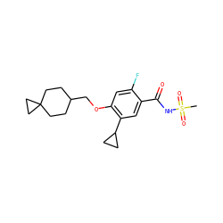 CS(=O)(=O)NC(=O)c1cc(C2CC2)c(OCC2CCC3(CC2)CC3)cc1F ZINC000207006823