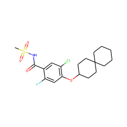 CS(=O)(=O)NC(=O)c1cc(Cl)c(OC2CCC3(CCCCC3)CC2)cc1F ZINC000261158841