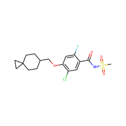 CS(=O)(=O)NC(=O)c1cc(Cl)c(OCC2CCC3(CC2)CC3)cc1F ZINC000261125185