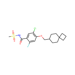 CS(=O)(=O)NC(=O)c1cc(Cl)c(OCC2CCC3(CCC3)CC2)cc1F ZINC000261131186