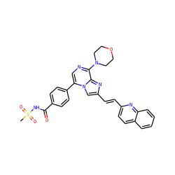 CS(=O)(=O)NC(=O)c1ccc(-c2cnc(N3CCOCC3)c3nc(/C=C/c4ccc5ccccc5n4)cn23)cc1 ZINC000222038483