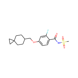 CS(=O)(=O)NC(=O)c1ccc(OCC2CCC3(CC2)CC3)cc1F ZINC000261083136