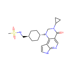 CS(=O)(=O)NC[C@H]1CC[C@H](N2CN(C3CC3)C(=O)c3cnc4[nH]ccc4c32)CC1 ZINC001772575314