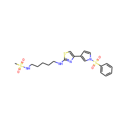 CS(=O)(=O)NCCCCCNc1nc(-c2ccn(S(=O)(=O)c3ccccc3)c2)cs1 ZINC000073158906