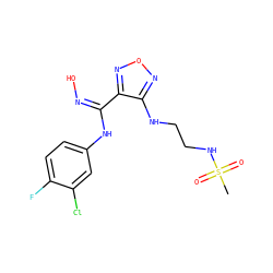 CS(=O)(=O)NCCNc1nonc1/C(=N\O)Nc1ccc(F)c(Cl)c1 ZINC000113208948