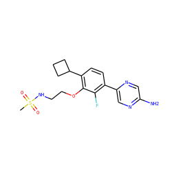 CS(=O)(=O)NCCOc1c(C2CCC2)ccc(-c2cnc(N)cn2)c1F ZINC000224567781
