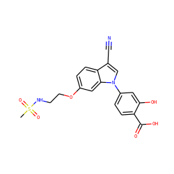 CS(=O)(=O)NCCOc1ccc2c(C#N)cn(-c3ccc(C(=O)O)c(O)c3)c2c1 ZINC000202403553