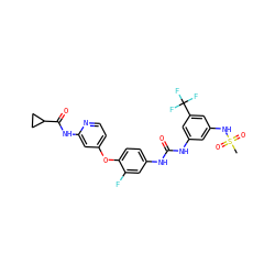 CS(=O)(=O)Nc1cc(NC(=O)Nc2ccc(Oc3ccnc(NC(=O)C4CC4)c3)c(F)c2)cc(C(F)(F)F)c1 ZINC001772598050