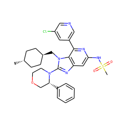 CS(=O)(=O)Nc1cc2nc(N3CCOC[C@H]3c3ccccc3)n(C[C@H]3CC[C@H](C)CC3)c2c(-c2cncc(Cl)c2)n1 ZINC000261117892