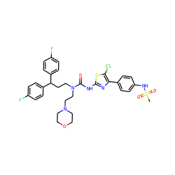 CS(=O)(=O)Nc1ccc(-c2nc(NC(=O)N(CCC(c3ccc(F)cc3)c3ccc(F)cc3)CCN3CCOCC3)sc2Cl)cc1 ZINC000150599798