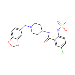 CS(=O)(=O)Nc1ccc(Cl)cc1C(=O)NC1CCN(Cc2ccc3c(c2)OCO3)CC1 ZINC000028526701