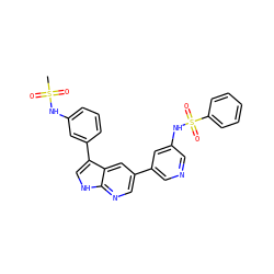 CS(=O)(=O)Nc1cccc(-c2c[nH]c3ncc(-c4cncc(NS(=O)(=O)c5ccccc5)c4)cc23)c1 ZINC000064573200