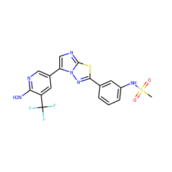 CS(=O)(=O)Nc1cccc(-c2nn3c(-c4cnc(N)c(C(F)(F)F)c4)cnc3s2)c1 ZINC000068247395