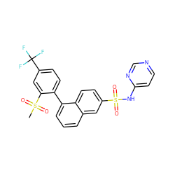 CS(=O)(=O)c1cc(C(F)(F)F)ccc1-c1cccc2cc(S(=O)(=O)Nc3ccncn3)ccc12 ZINC000225079943