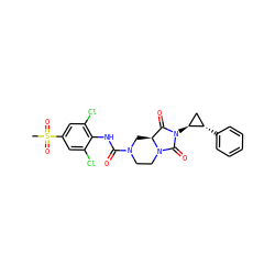 CS(=O)(=O)c1cc(Cl)c(NC(=O)N2CCN3C(=O)N([C@H]4C[C@@H]4c4ccccc4)C(=O)[C@@H]3C2)c(Cl)c1 ZINC000072106541