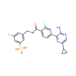 CS(=O)(=O)c1cc(Cl)cc(CNC(=O)c2ccc(-c3nc(C4CC4)cnc3N)cc2F)c1 ZINC001772629652
