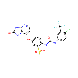 CS(=O)(=O)c1cc(Oc2ccnc3[nH]c(=O)[nH]c23)ccc1NC(=O)Nc1ccc(Cl)c(C(F)(F)F)c1 ZINC000049881759