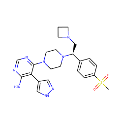 CS(=O)(=O)c1ccc([C@H](CN2CCC2)N2CCN(c3ncnc(N)c3-c3cn[nH]c3)CC2)cc1 ZINC000219315879