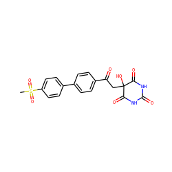 CS(=O)(=O)c1ccc(-c2ccc(C(=O)CC3(O)C(=O)NC(=O)NC3=O)cc2)cc1 ZINC000095576595