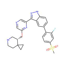 CS(=O)(=O)c1ccc(-c2ccc3[nH]nc(-c4cncc(O[C@H]5CNCCC56CC6)n4)c3c2)c(F)c1 ZINC000299857407