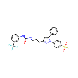 CS(=O)(=O)c1ccc(-n2nc(CCCNC(=O)Nc3cccc(C(F)(F)F)c3)cc2-c2ccccc2)cc1 ZINC000071330285