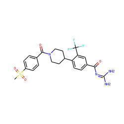 CS(=O)(=O)c1ccc(C(=O)N2CCC(c3ccc(C(=O)N=C(N)N)cc3C(F)(F)F)CC2)cc1 ZINC000095557045