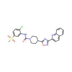 CS(=O)(=O)c1ccc(Cl)c(NC(=O)N2CCC(c3nc(-c4ccc5ccccc5n4)no3)CC2)c1 ZINC000072179306
