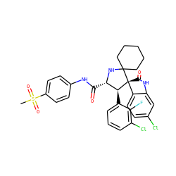 CS(=O)(=O)c1ccc(NC(=O)[C@@H]2NC3(CCCCC3)[C@@]3(C(=O)Nc4cc(Cl)ccc43)[C@H]2c2cccc(Cl)c2F)cc1 ZINC001772574836