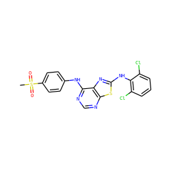 CS(=O)(=O)c1ccc(Nc2ncnc3sc(Nc4c(Cl)cccc4Cl)nc23)cc1 ZINC000040881004