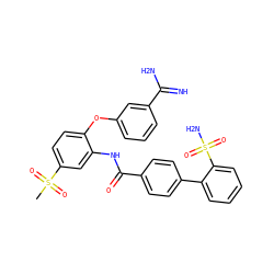 CS(=O)(=O)c1ccc(Oc2cccc(C(=N)N)c2)c(NC(=O)c2ccc(-c3ccccc3S(N)(=O)=O)cc2)c1 ZINC000029407825