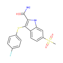 CS(=O)(=O)c1ccc2c(Sc3ccc(F)cc3)c(C(N)=O)[nH]c2c1 ZINC000028374354