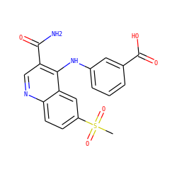 CS(=O)(=O)c1ccc2ncc(C(N)=O)c(Nc3cccc(C(=O)O)c3)c2c1 ZINC000040867193