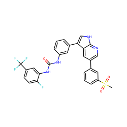 CS(=O)(=O)c1cccc(-c2cnc3[nH]cc(-c4cccc(NC(=O)Nc5cc(C(F)(F)F)ccc5F)c4)c3c2)c1 ZINC000103257481