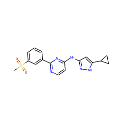 CS(=O)(=O)c1cccc(-c2nccc(Nc3cc(C4CC4)[nH]n3)n2)c1 ZINC000084634454