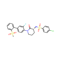 CS(=O)(=O)c1ccccc1-c1ccc(N2CCC[C@@H](NS(=O)(=O)c3ccc(Cl)cc3)C2=O)c(F)c1 ZINC000029125984