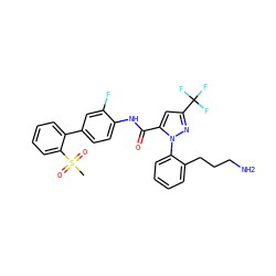 CS(=O)(=O)c1ccccc1-c1ccc(NC(=O)c2cc(C(F)(F)F)nn2-c2ccccc2CCCN)c(F)c1 ZINC000027562300