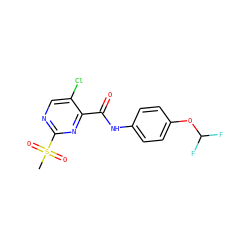 CS(=O)(=O)c1ncc(Cl)c(C(=O)Nc2ccc(OC(F)F)cc2)n1 ZINC000004857588