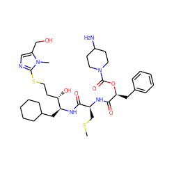 CSC[C@H](NC(=O)[C@H](Cc1ccccc1)OC(=O)N1CCC(N)CC1)C(=O)N[C@@H](CC1CCCCC1)[C@@H](O)CCSc1ncc(CO)n1C ZINC000027105854