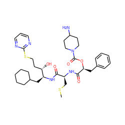 CSC[C@H](NC(=O)[C@H](Cc1ccccc1)OC(=O)N1CCC(N)CC1)C(=O)N[C@@H](CC1CCCCC1)[C@@H](O)CCSc1ncccn1 ZINC000027102210