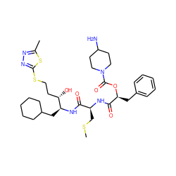 CSC[C@H](NC(=O)[C@H](Cc1ccccc1)OC(=O)N1CCC(N)CC1)C(=O)N[C@@H](CC1CCCCC1)[C@@H](O)CCSc1nnc(C)s1 ZINC000027102146