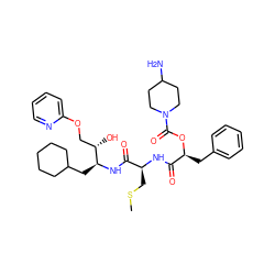 CSC[C@H](NC(=O)[C@H](Cc1ccccc1)OC(=O)N1CCC(N)CC1)C(=O)N[C@@H](CC1CCCCC1)[C@@H](O)COc1ccccn1 ZINC000027101856