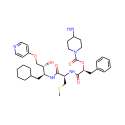 CSC[C@H](NC(=O)[C@H](Cc1ccccc1)OC(=O)N1CCC(N)CC1)C(=O)N[C@@H](CC1CCCCC1)[C@@H](O)COc1ccncc1 ZINC000027108570
